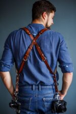 Handmade leather shoulder camera strap designed for photographers, featuring durable craftsmanship and elegant detailing.