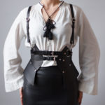 Handmade leather women's harness with corset design, stylish accessory for photographers and fashion enthusiasts on Desired Leather website