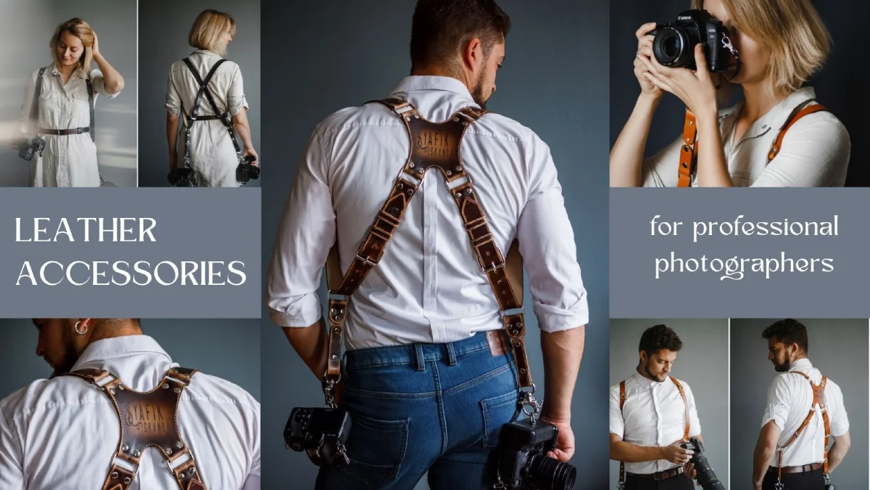 Professional photographers wearing handcrafted leather camera straps in studio setting